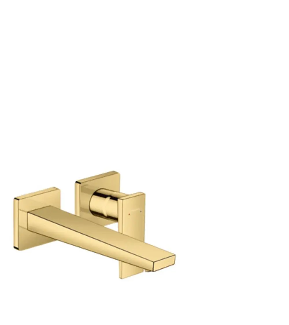 Hansgrohe Waschtischmischer in goldener Optik mit seitlichem Hebelgriff und waagerechtem Auslauf, zur Wandmontage geeignet.